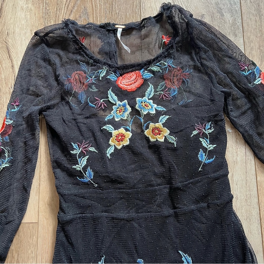 Free People Embroidered Whimsigoth Long Sleeve Mesh Maxi Dress Fairy Grunge Boho - Picture 2 of 6
